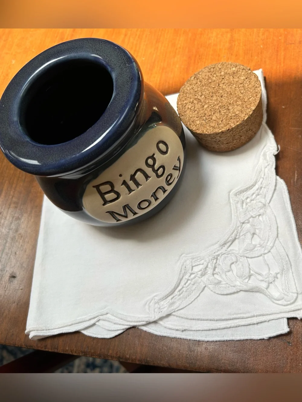 Bingo Money Ceramic Jar with Cork Lid - Blue
